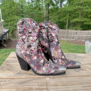 Free People Brayden Green Black Velvet Floral Western Metal Toe Cap Boot Bootie